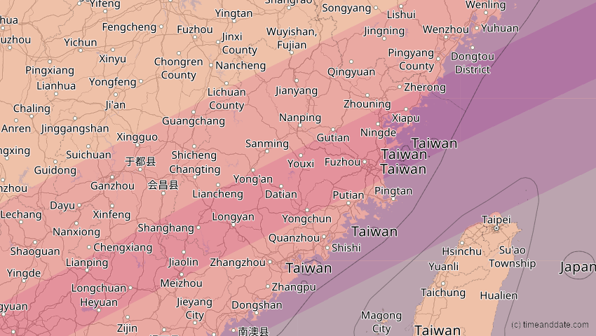 A map of Fujian, China, showing the path of the 27. Jan 2074 Ringförmige Sonnenfinsternis