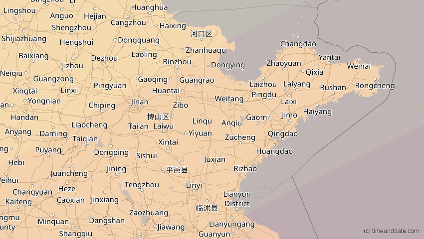 A map of Shandong, China, showing the path of the 27. Jan 2074 Ringförmige Sonnenfinsternis
