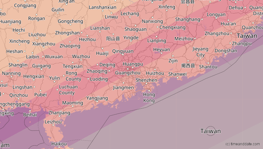 A map of Guangdong, China, showing the path of the 27. Jan 2074 Ringförmige Sonnenfinsternis