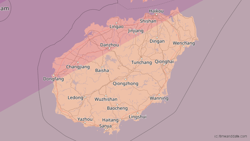 A map of Hainan, China, showing the path of the 27. Jan 2074 Ringförmige Sonnenfinsternis