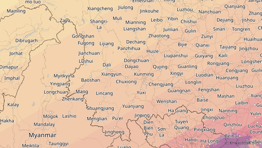 A map of Yunnan, China, showing the path of the 27. Jan 2074 Ringförmige Sonnenfinsternis