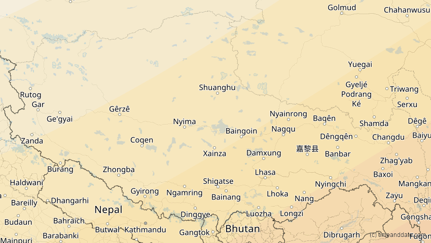 A map of Tibet, China, showing the path of the 27. Jan 2074 Ringförmige Sonnenfinsternis