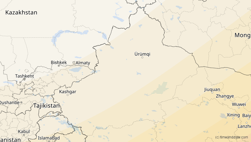 A map of Xinjiang, China, showing the path of the 27. Jan 2074 Ringförmige Sonnenfinsternis