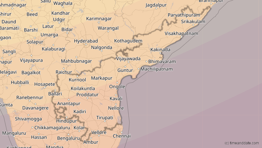 A map of Andhra Pradesh, Indien, showing the path of the 27. Jan 2074 Ringförmige Sonnenfinsternis
