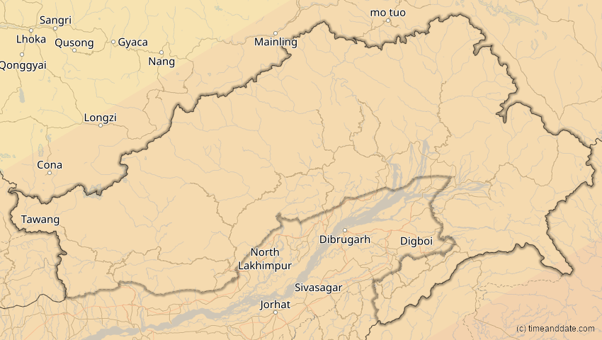 A map of Arunachal Pradesh, Indien, showing the path of the 27. Jan 2074 Ringförmige Sonnenfinsternis