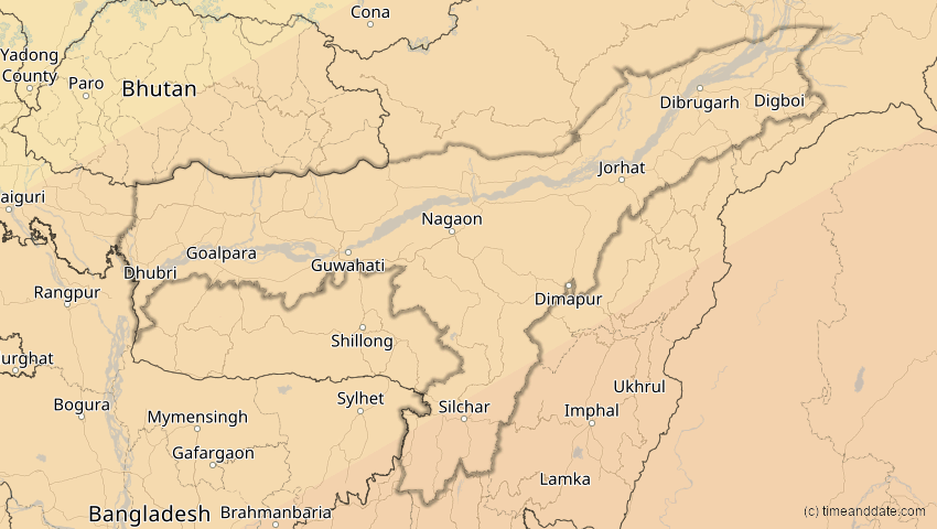 A map of Assam, Indien, showing the path of the 27. Jan 2074 Ringförmige Sonnenfinsternis