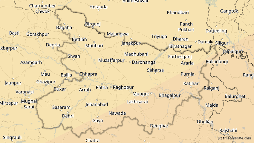 A map of Bihar, Indien, showing the path of the 27. Jan 2074 Ringförmige Sonnenfinsternis