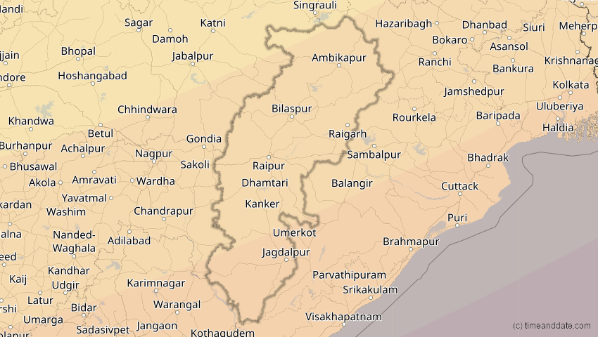 A map of Chhattisgarh, Indien, showing the path of the 27. Jan 2074 Ringförmige Sonnenfinsternis