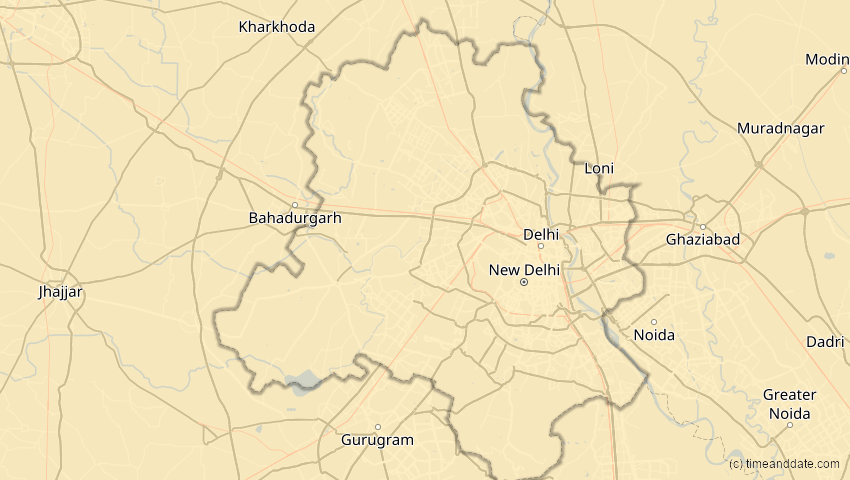 A map of Delhi, Indien, showing the path of the 27. Jan 2074 Ringförmige Sonnenfinsternis