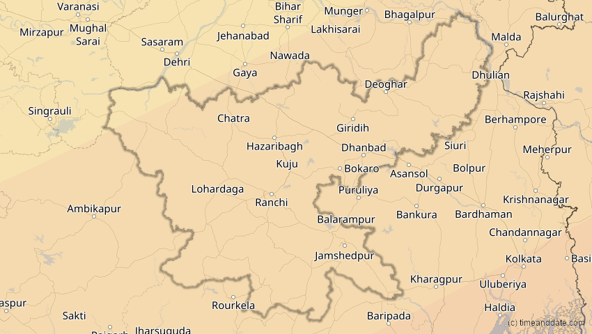 A map of Jharkhand, Indien, showing the path of the 27. Jan 2074 Ringförmige Sonnenfinsternis