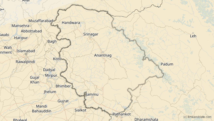 A map of Jammu und Kashmir, Indien, showing the path of the 27. Jan 2074 Ringförmige Sonnenfinsternis