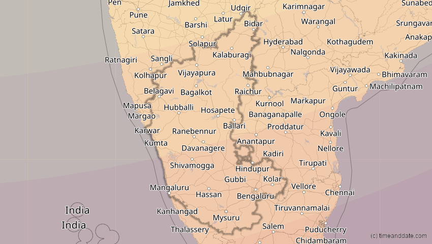 A map of Karnataka, Indien, showing the path of the 27. Jan 2074 Ringförmige Sonnenfinsternis