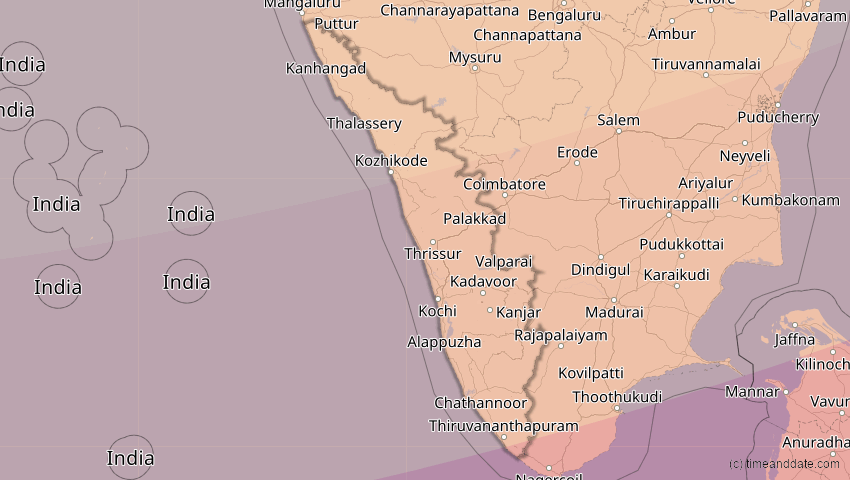 A map of Kerala, Indien, showing the path of the 27. Jan 2074 Ringförmige Sonnenfinsternis