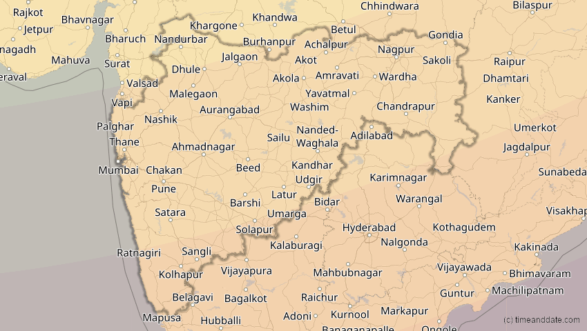 A map of Maharashtra, Indien, showing the path of the 27. Jan 2074 Ringförmige Sonnenfinsternis