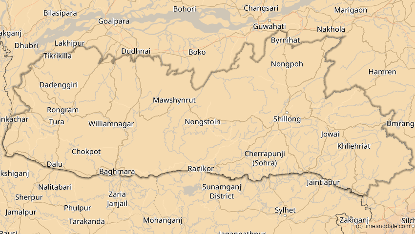 A map of Meghalaya, Indien, showing the path of the 27. Jan 2074 Ringförmige Sonnenfinsternis