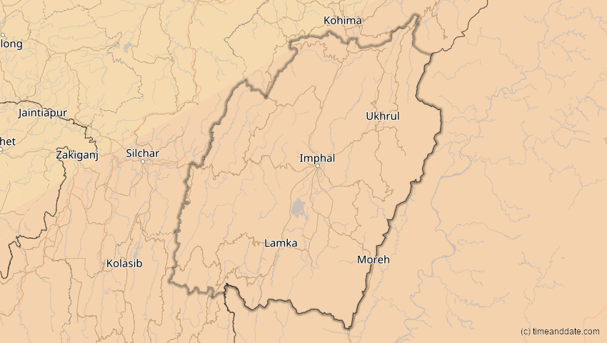 A map of Manipur, Indien, showing the path of the 27. Jan 2074 Ringförmige Sonnenfinsternis