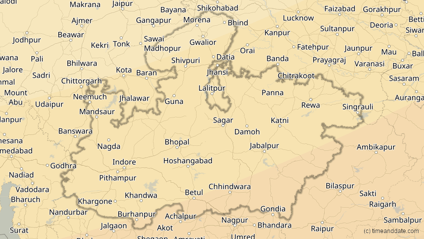 A map of Madhya Pradesh, Indien, showing the path of the 27. Jan 2074 Ringförmige Sonnenfinsternis