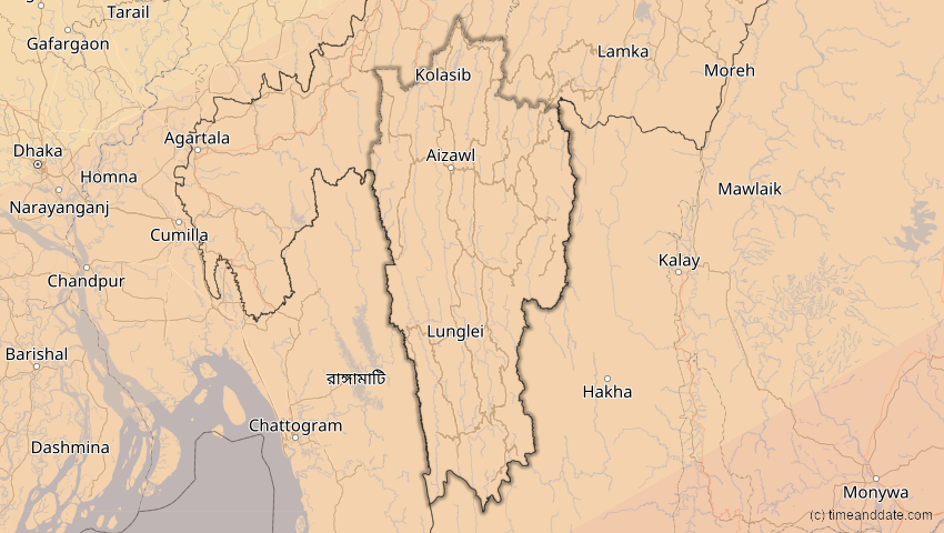 A map of Mizoram, Indien, showing the path of the 27. Jan 2074 Ringförmige Sonnenfinsternis