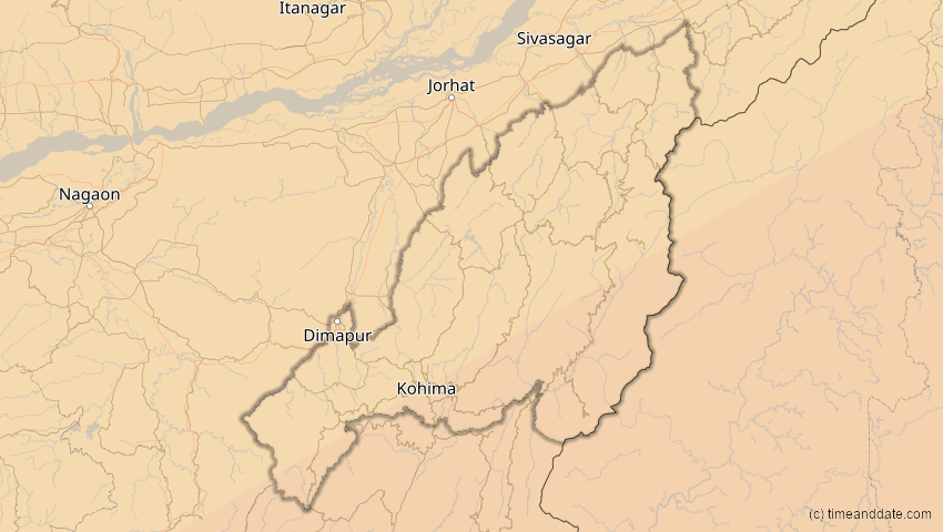 A map of Nagaland, Indien, showing the path of the 27. Jan 2074 Ringförmige Sonnenfinsternis