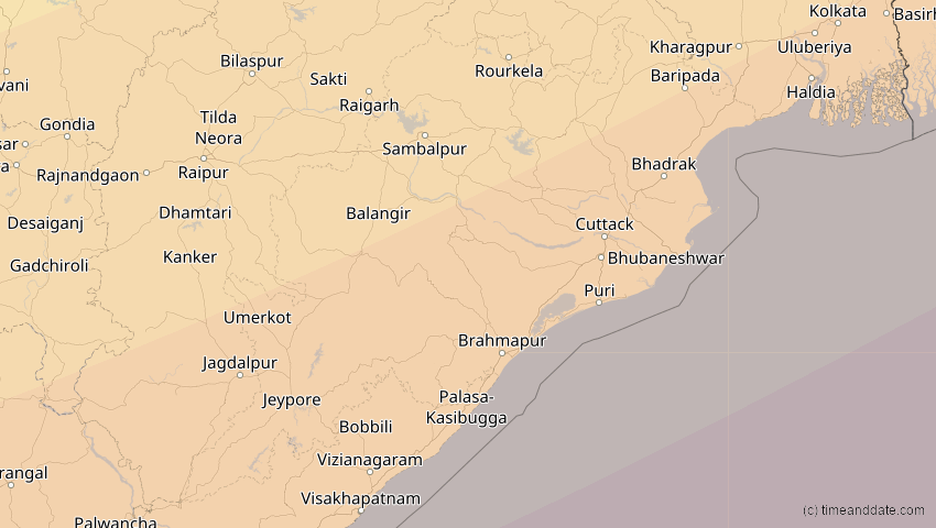 A map of Odisha, Indien, showing the path of the 27. Jan 2074 Ringförmige Sonnenfinsternis