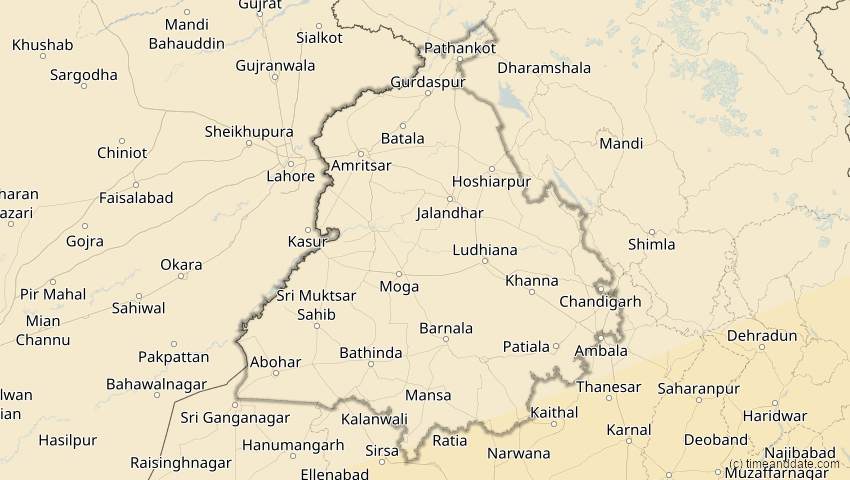 A map of Punjab, Indien, showing the path of the 27. Jan 2074 Ringförmige Sonnenfinsternis