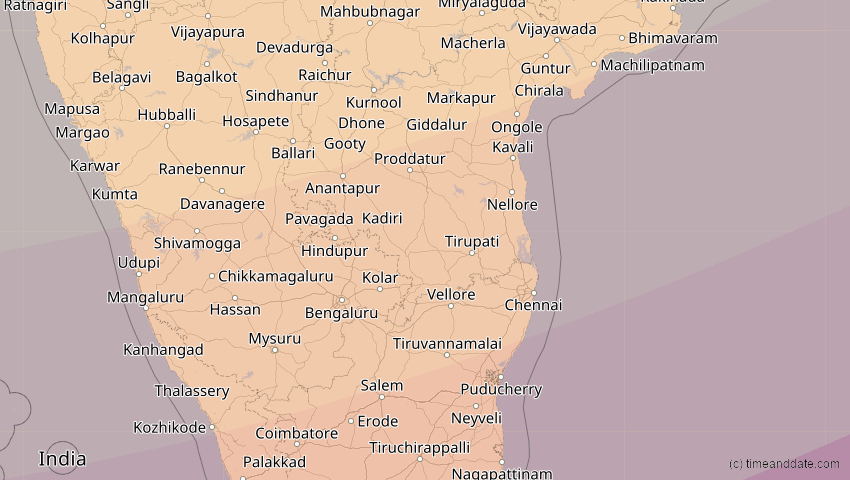 A map of Pondicherry, Indien, showing the path of the 27. Jan 2074 Ringförmige Sonnenfinsternis
