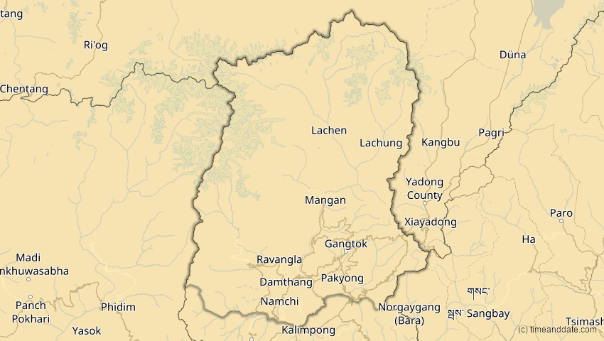 A map of Sikkim, Indien, showing the path of the 27. Jan 2074 Ringförmige Sonnenfinsternis
