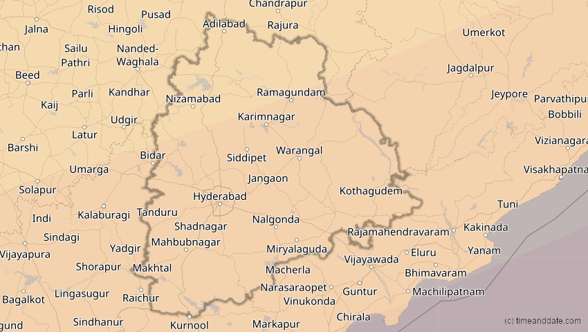 A map of Telangana, Indien, showing the path of the 27. Jan 2074 Ringförmige Sonnenfinsternis