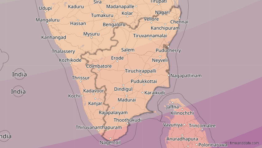 A map of Tamil Nadu, Indien, showing the path of the 27. Jan 2074 Ringförmige Sonnenfinsternis