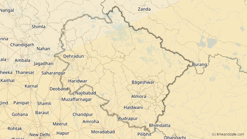 A map of Uttarakhand, Indien, showing the path of the 27. Jan 2074 Ringförmige Sonnenfinsternis