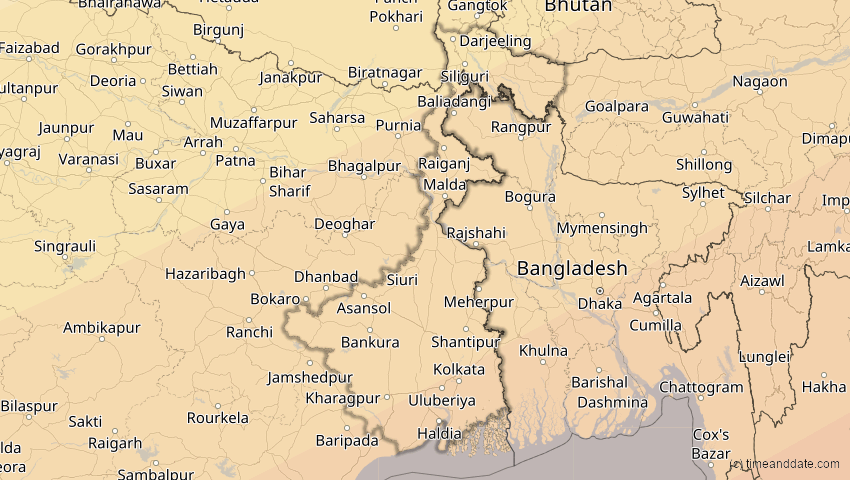 A map of Westbengalen, Indien, showing the path of the 27. Jan 2074 Ringförmige Sonnenfinsternis