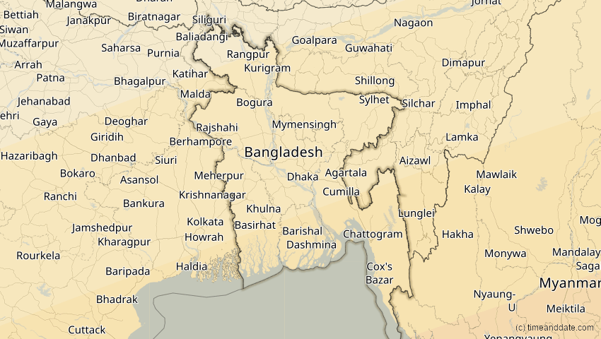 A map of Bangladesch, showing the path of the 24. Jul 2074 Ringförmige Sonnenfinsternis