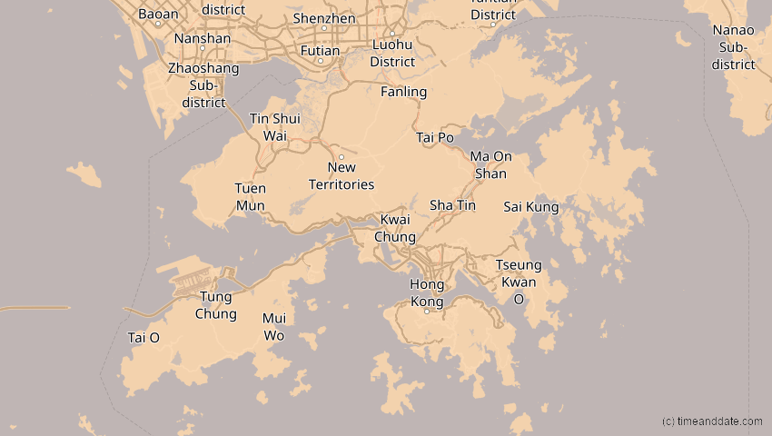 A map of Hongkong, showing the path of the 24. Jul 2074 Ringförmige Sonnenfinsternis