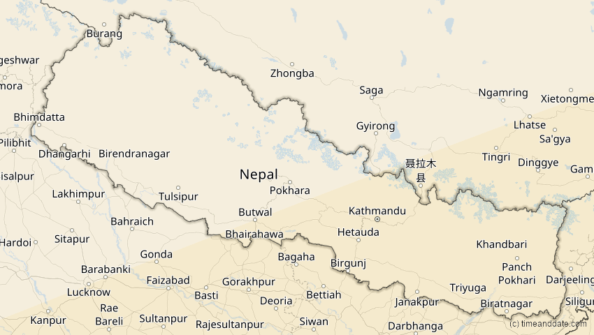 A map of Nepal, showing the path of the 24. Jul 2074 Ringförmige Sonnenfinsternis