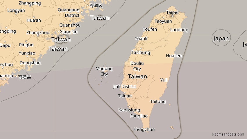 A map of Taiwan, showing the path of the 24. Jul 2074 Ringförmige Sonnenfinsternis