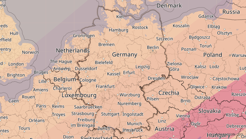 A map of Deutschland, showing the path of the 13. Jul 2075 Ringförmige Sonnenfinsternis