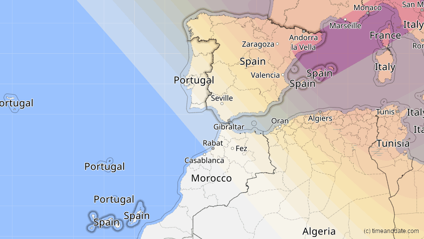 A map of Spanien, showing the path of the 13. Jul 2075 Ringförmige Sonnenfinsternis