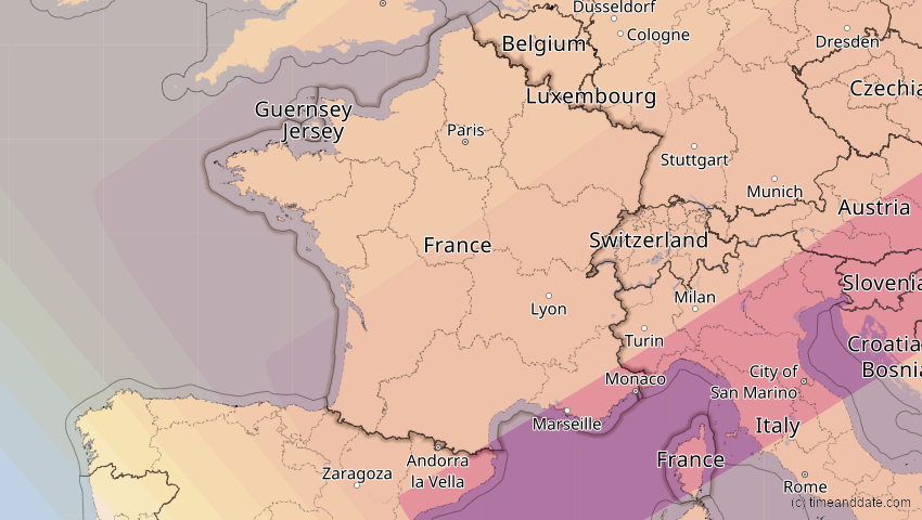 A map of Frankreich, showing the path of the 13. Jul 2075 Ringförmige Sonnenfinsternis