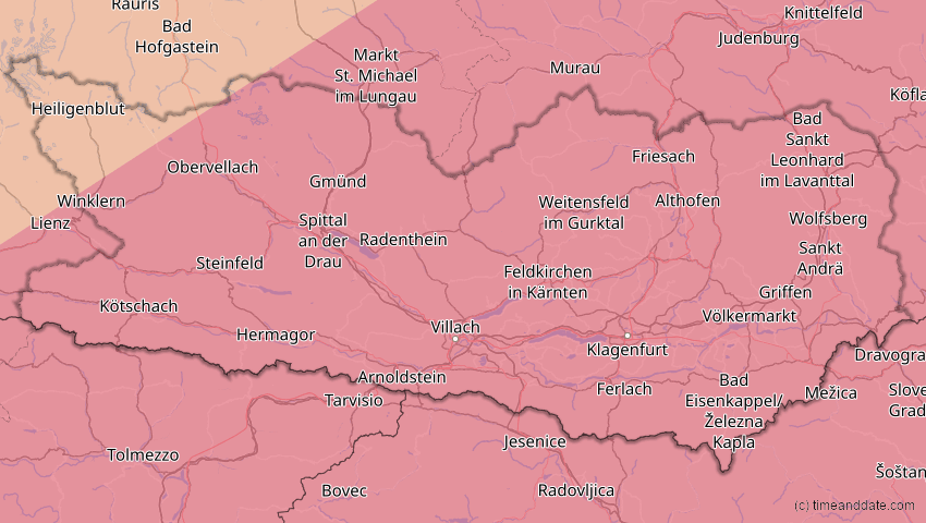 A map of Kärnten, Österreich, showing the path of the 13. Jul 2075 Ringförmige Sonnenfinsternis