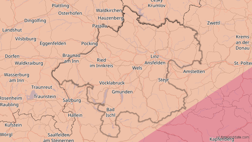 A map of Oberösterreich, Österreich, showing the path of the 13. Jul 2075 Ringförmige Sonnenfinsternis