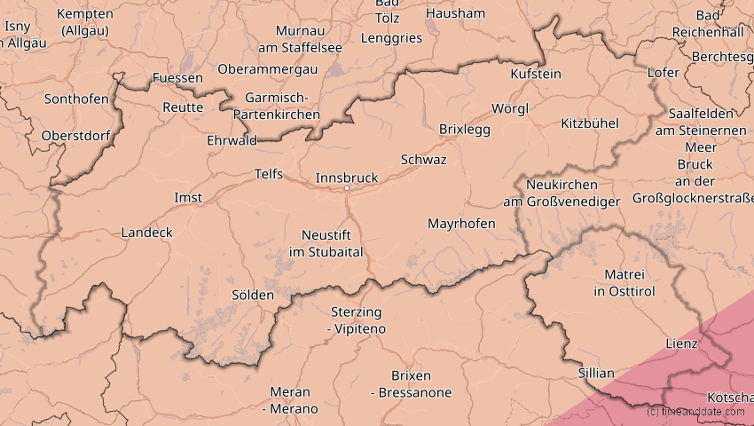A map of Tirol, Österreich, showing the path of the 13. Jul 2075 Ringförmige Sonnenfinsternis