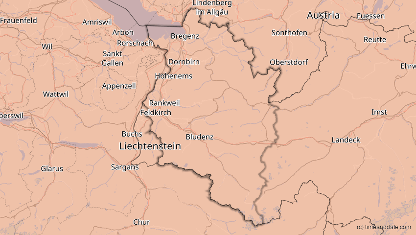 A map of Vorarlberg, Österreich, showing the path of the 13. Jul 2075 Ringförmige Sonnenfinsternis