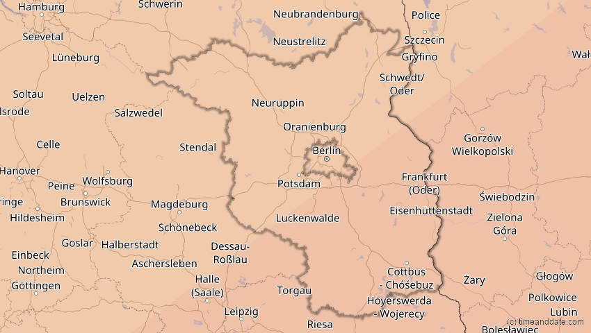 A map of Brandenburg, Deutschland, showing the path of the 13. Jul 2075 Ringförmige Sonnenfinsternis