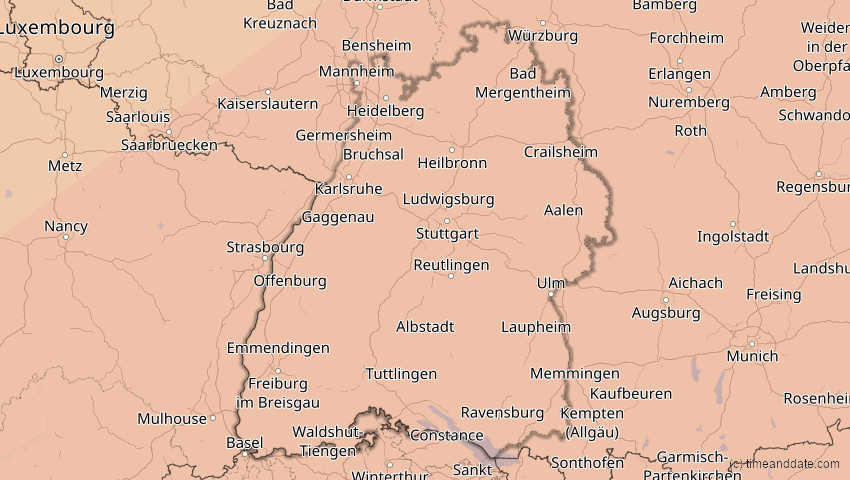 A map of Baden-Württemberg, Deutschland, showing the path of the 13. Jul 2075 Ringförmige Sonnenfinsternis