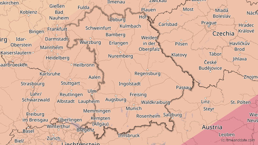 A map of Bayern, Deutschland, showing the path of the 13. Jul 2075 Ringförmige Sonnenfinsternis