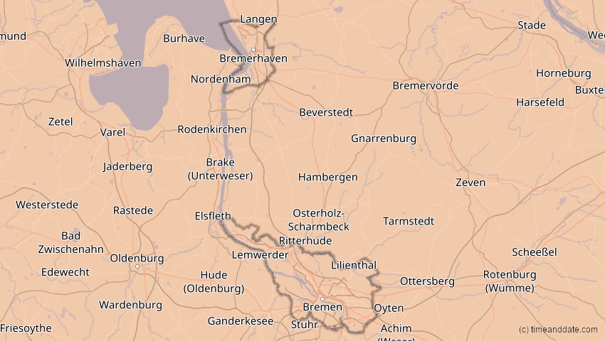 A map of Bremen, Deutschland, showing the path of the 13. Jul 2075 Ringförmige Sonnenfinsternis