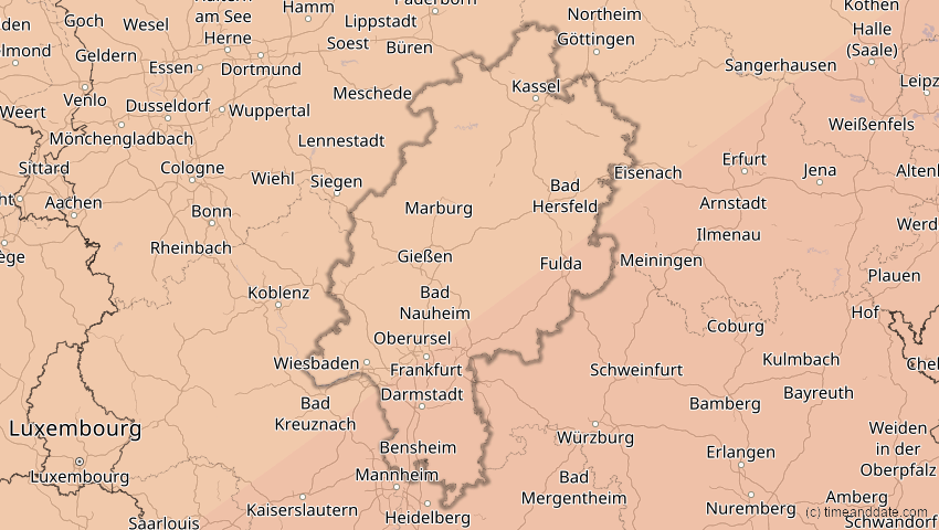 A map of Hessen, Deutschland, showing the path of the 13. Jul 2075 Ringförmige Sonnenfinsternis