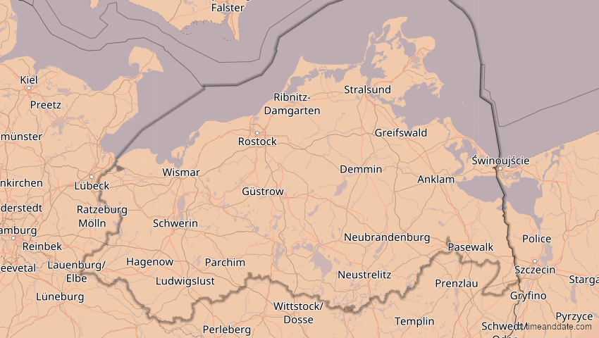 A map of Mecklenburg-Vorpommern, Deutschland, showing the path of the 13. Jul 2075 Ringförmige Sonnenfinsternis