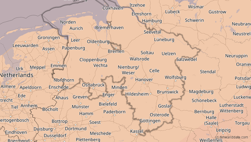 A map of Niedersachsen, Deutschland, showing the path of the 13. Jul 2075 Ringförmige Sonnenfinsternis