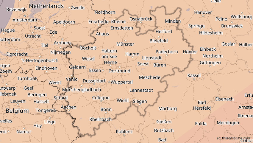 A map of Nordrhein-Westfalen, Deutschland, showing the path of the 13. Jul 2075 Ringförmige Sonnenfinsternis